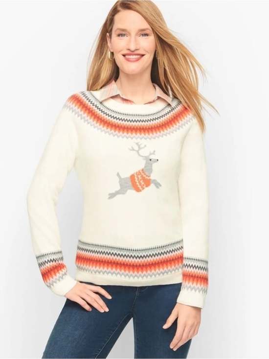 Talbots Sweaters - Talbots Reindeer Fair Isle Pullover Sweater Ivory Red Gray Lightweight Size XL